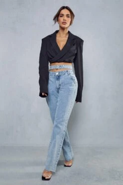 Asymmetric Double Waistband Straight Leg Jeans 11 Asymmetric Double Waistband Straight Leg Jeans -Cheap Sarto Tone Store blue asymmetric double waistband straight leg jeans 3