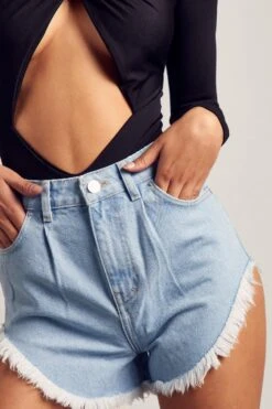 Curved Hem Frayed Denim Shorts 13 Curved Hem Frayed Denim Shorts -Cheap Sarto Tone Store blue curved hem frayed denim shorts 5
