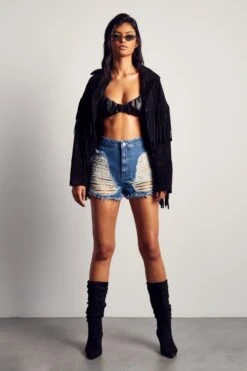 Extreme Frayed Detail Denim Shorts -Cheap Sarto Tone Store blue extreme frayed detail denim shorts 3