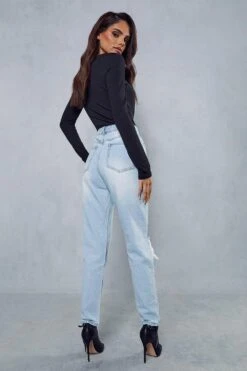 Blue High Waisted Distressed Mom Jean -Cheap Sarto Tone Store blue high waisted distressed mom jean 2