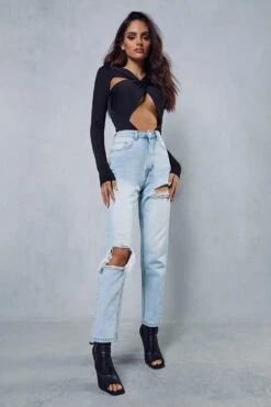 Blue High Waisted Distressed Mom Jean