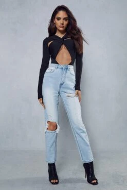 Blue High Waisted Distressed Mom Jean -Cheap Sarto Tone Store blue high waisted distressed mom jean 3