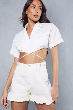 High Waisted Frill Hem Denim Short -Cheap Sarto Tone Store blue high waisted frill hem denim short 4