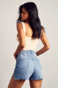 Raw Hem Split Side Denim Shorts -Cheap Sarto Tone Store blue raw hem split side denim shorts 2