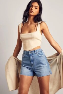 Raw Hem Split Side Denim Shorts -Cheap Sarto Tone Store blue raw hem split side denim shorts 4