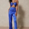 Wide Leg Satin Halterneck Chain Jumpsuit -Cheap Sarto Tone Store blue wide leg satin halterneck chain jumpsuit