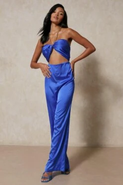 Wide Leg Satin Halterneck Chain Jumpsuit -Cheap Sarto Tone Store blue wide leg satin halterneck chain jumpsuit 3