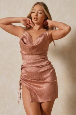 Satin Jacquard Ruched Side Midi Skirt