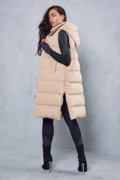 Recycled Longline Hooded Gilet -Cheap Sarto Tone Store camel recycled longline hooded gilet 2