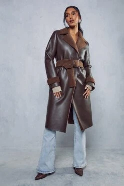 Leather Look Belted Teddy Lined Coat -Cheap Sarto Tone Store chocolate leather look belted teddy lined coat 4