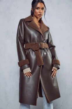 Leather Look Belted Teddy Lined Coat -Cheap Sarto Tone Store chocolate leather look belted teddy lined coat 5