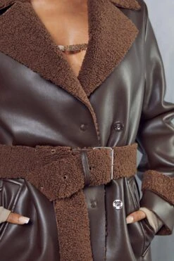 Leather Look Belted Teddy Lined Coat -Cheap Sarto Tone Store chocolate leather look belted teddy lined coat 6