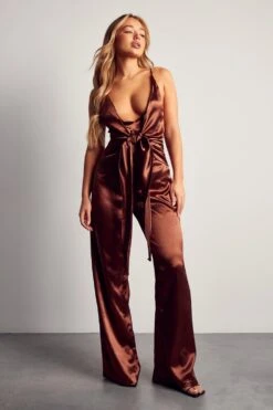 Satin Drape Front Jumpsuit -Cheap Sarto Tone Store chocolate satin drape front jumpsuit 3