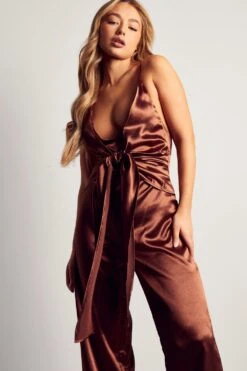 Satin Drape Front Jumpsuit -Cheap Sarto Tone Store chocolate satin drape front jumpsuit 4