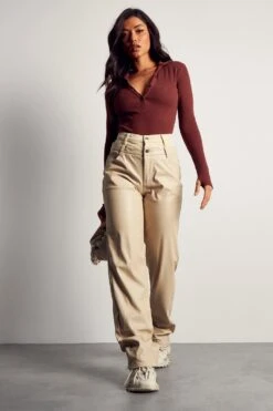 Double Waist Leather Look And Denim Trouser