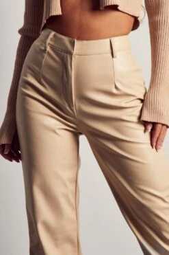 Leather Look Straight Leg Trouser -Cheap Sarto Tone Store cream leather look straight leg trouser 2