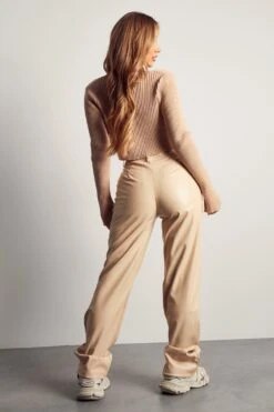 Leather Look Straight Leg Trouser -Cheap Sarto Tone Store cream leather look straight leg trouser 3