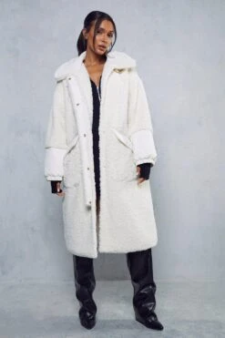 Longline Contrast Detail Teddy Coat -Cheap Sarto Tone Store cream longline contrast detail teddy coat 3