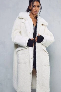 Longline Contrast Detail Teddy Coat -Cheap Sarto Tone Store cream longline contrast detail teddy coat 4