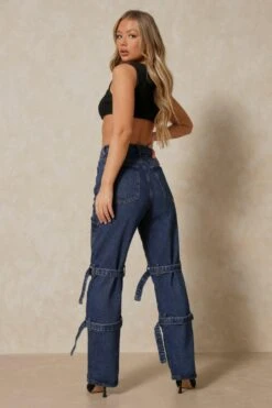 Wide Leg Bondage Buckle Detail Jeans -Cheap Sarto Tone Store dark blue wide leg bondage buckle detail jeans 2