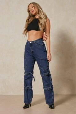 Wide Leg Bondage Buckle Detail Jeans -Cheap Sarto Tone Store dark blue wide leg bondage buckle detail jeans 3