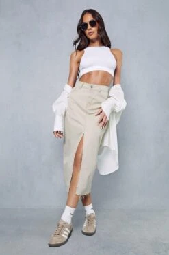 Denim Split Front Midi Skirt