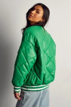 Leather Look Quilted Bomber Jacket -Cheap Sarto Tone Store green leather look quilted bomber jacket 2