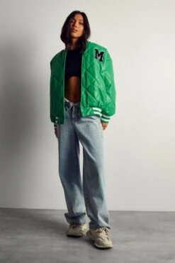 Leather Look Quilted Bomber Jacket -Cheap Sarto Tone Store green leather look quilted bomber jacket 3