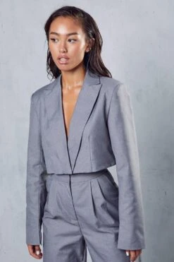 Boxy Crop Split Sleeve Blazer -Cheap Sarto Tone Store grey boxy crop split sleeve blazer 4