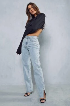 Split Hem Distressed Straight Leg Jeans