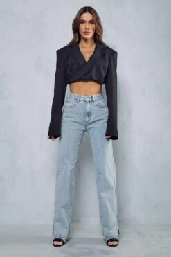 Split Hem Distressed Straight Leg Jeans -Cheap Sarto Tone Store light blue split hem distressed straight leg jeans 3