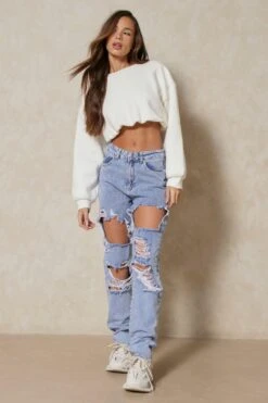 Distressed Raw Hem Mom Jean