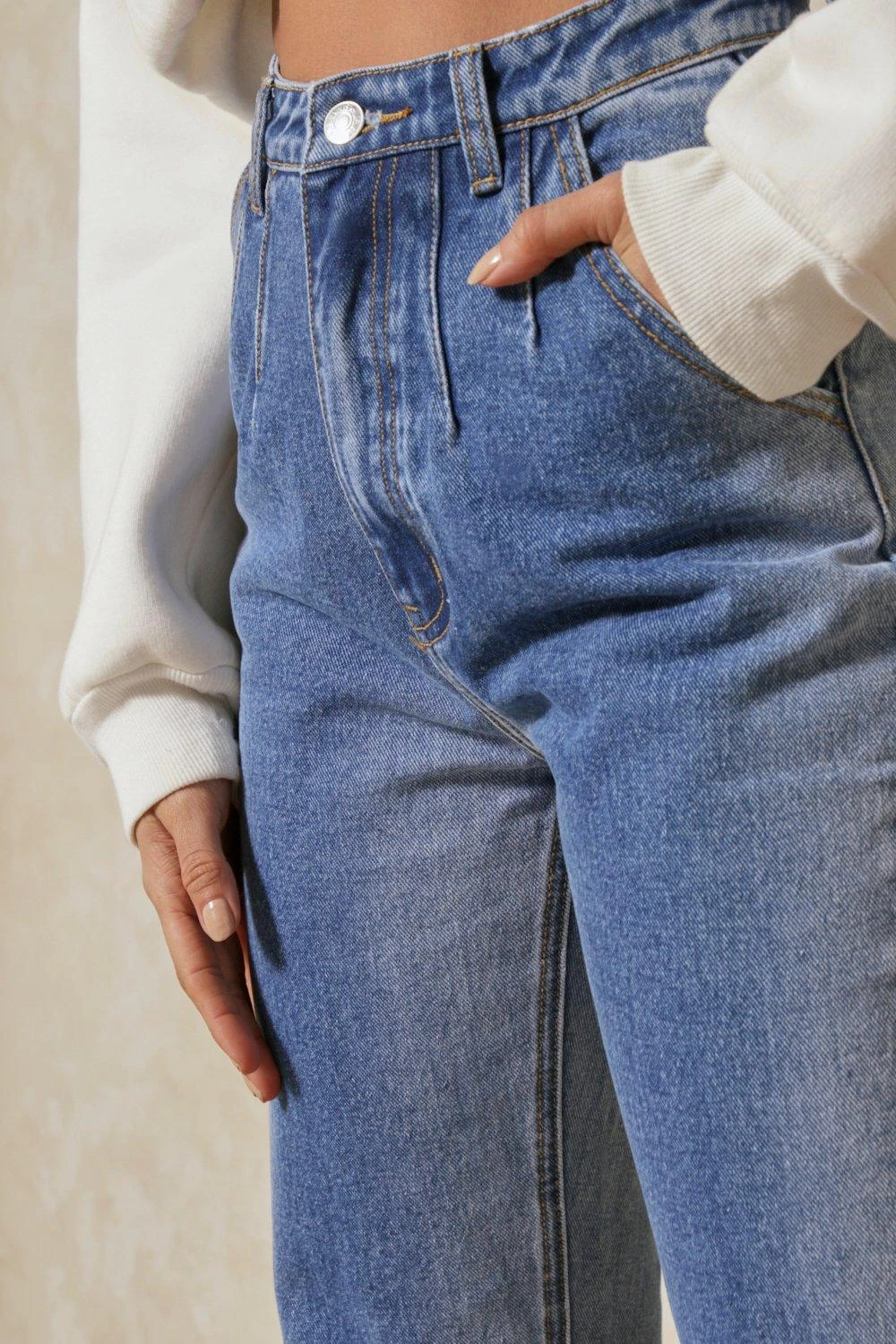 Mid Wash Bleached Seams Straight Leg Jean 7 Mid Wash Bleached Seams Straight Leg Jean - Image 5