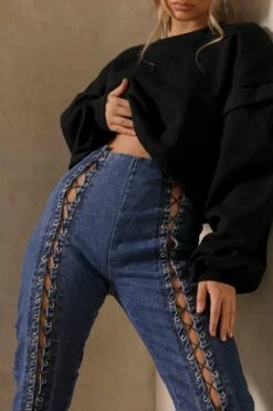 Lace Up Detail Skinny Fit Jean -Cheap Sarto Tone Store mid wash lace up detail skinny fit jean 2