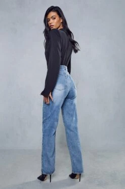 Straight Leg Seam Detail Split Front Jean 10 Straight Leg Seam Detail Split Front Jean -Cheap Sarto Tone Store mid wash straight leg seam detail split front jean 2