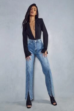 Straight Leg Seam Detail Split Front Jean 11 Straight Leg Seam Detail Split Front Jean -Cheap Sarto Tone Store mid wash straight leg seam detail split front jean 3