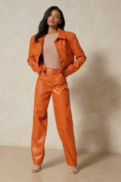Leather Look High Waisted Trouser 10 Leather Look High Waisted Trouser -Cheap Sarto Tone Store orange leather look high waisted trouser 3