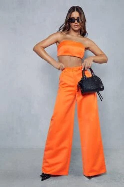 Premium Tailored Satin High Waisted Wide Leg Trousers -Cheap Sarto Tone Store orange premium tailored satin high waisted wide leg trousers 4
