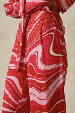 Satin Marble Print Wide Leg Trousers -Cheap Sarto Tone Store pink satin marble print wide leg trousers 2