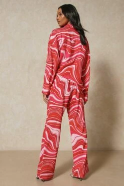 Satin Marble Print Wide Leg Trousers -Cheap Sarto Tone Store pink satin marble print wide leg trousers 3