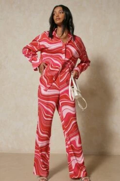 Satin Marble Print Wide Leg Trousers -Cheap Sarto Tone Store pink satin marble print wide leg trousers 4