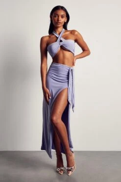 Double Layer Slinky Tie Side Maxi Co-ord -Cheap Sarto Tone Store purple double layer slinky tie side maxi co ord 3