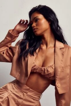 Textured Satin Cropped Oversized Blazer -Cheap Sarto Tone Store sand textured satin cropped oversized blazer 1