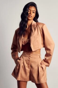 Textured Satin Cropped Oversized Blazer -Cheap Sarto Tone Store sand textured satin cropped oversized blazer 4