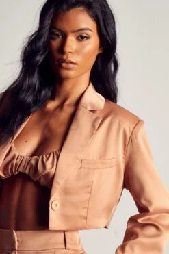 Textured Satin Cropped Oversized Blazer -Cheap Sarto Tone Store sand textured satin cropped oversized blazer 5