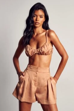 Textured Satin Ruched Bralet -Cheap Sarto Tone Store sand textured satin ruched bralet 4