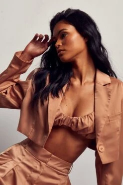 Textured Satin Ruched Bralet -Cheap Sarto Tone Store sand textured satin ruched bralet 5