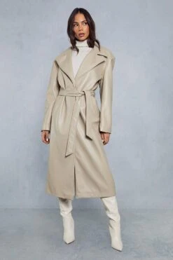 Leather Look Belted Trench Coat