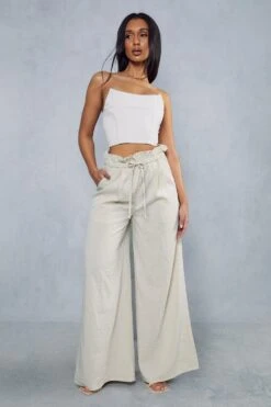 Linen Look Paper Bag Waist Wide Leg Trouser