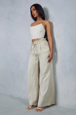 Linen Look Paper Bag Waist Wide Leg Trouser 10 Linen Look Paper Bag Waist Wide Leg Trouser -Cheap Sarto Tone Store stone linen look paper bag waist wide leg trouser 3
